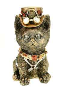 Vogler 839-2923 Steampunk Katze mit Zylinder und Pilotenbrille 15 cm Figur Cat