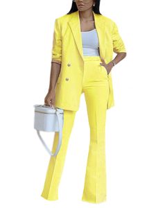 Blazer Ladies Revers Collar 2PCS Outfits Business Einfarbige Zwei-Stück-Outfit-Button Down Blazer Und Hosenanzug Set ,Farbe:Gelb,Größe:Xxl