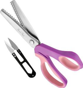 Handi Stitch Zackenschere mit Fadenschneider - Schneiderschere Stoffschere Zickzack 22,86cm Edelstahl Pinke Griffe – Schere Scharf zum Schneiden von Handi Stitch Zackenschere mit Fadenschneider - Schneiderschere Stoffschere Zickzack 22,86cm Edelstahl Pinke Griffe – Schere Scharf zum Schneiden von