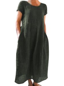 Damen Vintage Kurzarm Blusenkleider Summer Beachsundress Crew Neck Leichte Maxikleider Armeegrün,Größe Xl
