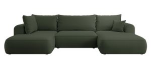 Selsey OVO - Wohnlandschaft U-Form-Sofa mit Schlaffunktion, Bettkasten, Ottomane links, Veloursbezug Olivgrün