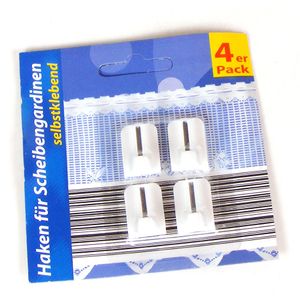 4er Pack Haken für Scheibengardinen - Gardinenhaken, weiß, geblistert, selbstklebend, ca. 1,8cm x 2,5cm