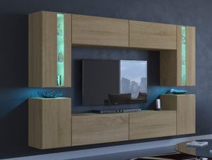 Furnitech Wohnwand Eiche Gold | Wohnzimmer Möbel mit LED RGB - 16 Farben | Hängend Wohnwand Modern | Wohnzimmer Schrankwand mit Regale und TV Schrank