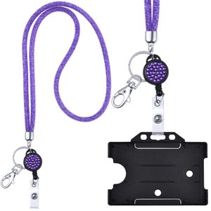 Kristall Lanyard LILA mit Ausweis Jojo + ID Kartenhalter schwarz Halskette Schlüsselband mit glitzernden Strasssteinchen Umhängeband