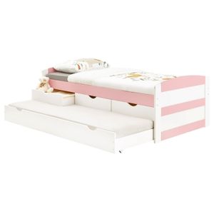 Bett mit Stauraum JESSY aus massiver Kiefer weiß/rosa, schönes Jugendbett mit 3 Schubladen, praktisches Funktionsbett mit Auszugbett, gemütliches Bett in 90 x 190 cm