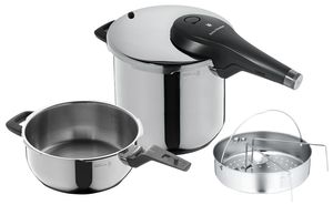 WMF Perfect Premium Schnellkochtopf Set Induktion 3-teilig, Dampftopf 6,5l + 3l mit Einsatz-Set, Cromargan Edelstahl, 2 Kochstufen, Drehknopf