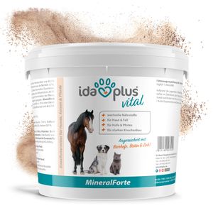 Ida Plus – Mineral-Forte 2 kg als Pulver – Mineralien für Pferd, Hund & Katze – gut für Fell, Haut, Knochenbau, Zähne & Horn-struktur - Kieselgur angereichert mit Bierhefe, Biotin & Zink