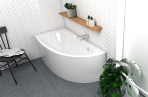 ECOLAM Badewanne Wanne Eckbadewanne Milena Design Acryl weiß 150x70 cm LINKS + Schürze Ablaufgarnitur Ab- und Überlauf Automatik Füße Silikon