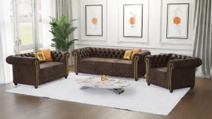 Vibe - Chesterfield Polstergarnitur mit Schlaffunktion 3+2+1 aus Dunkelbraun Vintage Optik Microfaser mit Holzfüßen,B/T/H: 3er - 203 cm/ 86 cm / 72 cm