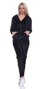 Damen Nicki Freizeitanzug Hausanzug Jogginganzug Nicki-Anzug mit Reißverschluss, Schwarz uni 2XL