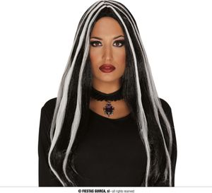 Hexe Langhaarige Perücke Halloween Look Mit Weißem Akzent Für Fasching Motto Partys Kostüm Accessoire Stilvoll Utensil Geheimnisvoll, Farbe: Schwarz