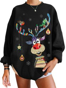 Damen Sweatshirts Weihnachtspulli Weihnachten Elch Langarm Winter Pullover Loses Pulli Top Black,Größe:Xl