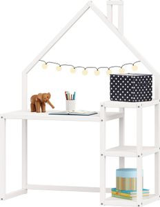 Kinderschreibtisch NIVIA Hausform weiß mit Regal Stauraum gefertigt aus Kiefer Massiv. Stabil langlebig perfekt für Kinderzimmer. Montessori-Möbel ideal für Hausaufgaben oder Bastelarbeiten.