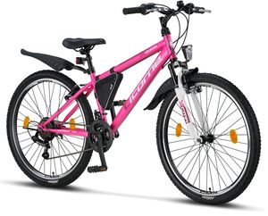 Licorne Bike Guide Premium Mountainbike in 20, 24 und 26 Zoll - Fahrrad für Mädchen, Jungen, Herren und Damen - Shimano 21 Gang-Schaltung, Kinderfahrrad, Kinder, Farbe:Rosa/Weiß, Zoll:26