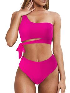 Damen One-Shoulder-Badeanzug Mit Taillenausschnitt Zweiteiliger Bikini-Anzug,Farbe:Rosenrot,Größe:EU 38