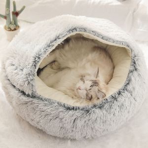 2 in 1 Halbgeschlossenes Katzenbett, Rundes kurzer Plüsch langes Winterwarmes Katzennest, Donut Flauschiges Katzenbett, 40*40cm, grün