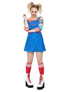 Damen Kostüm Horror Chucky Kleid blau bunt Halloween Fasching Gr. M