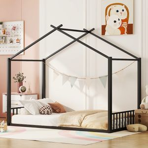 Flieks Kinderbett Hausbett 90x200cm, Bodenbett Einzelbett für Kinder mit Lattenrost, Spielbett Eisenbett für Kinderzimmer, Schwarz