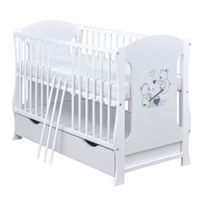 Baby-Delux Babybett Kinderbett Lia 120x60 Weiß Teddy Motiv mit Schublade und Matratze Komfort