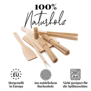 tuuli Grillbesteck Set Holz Buche Hochwertig (Schneidebrett, Pfannenwender, Grillzange, Grillgabel für Cevapcici, Zahnstocher, Grillspieße)