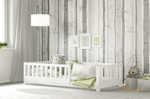 LEA Kinderbett aus Kieferholz mit Zaun-Schutzgitter Holzbett Beinhöhe 3 cm 90x200 Weiß