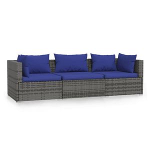 vidaXL 3-Sitzer-Sofa mit Kissen Grau Poly Rattan