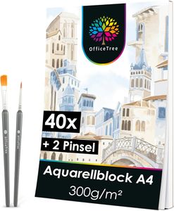 OfficeTree Aquarellblock A4 300g /m² 40 Blatt - Aquarellpapier Weiß - Zeichenblock A4 für Wasserfarb