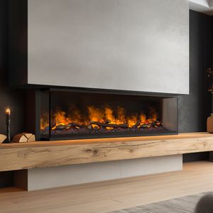 muenkel design wall fire electronic PRO FLR 1670 [Opti-myst Elektrokamineinsatz Wandeinbau]: Glas halbhoch, umlaufend - mit Dekoholz - Mit Heizung - Wasserleitung