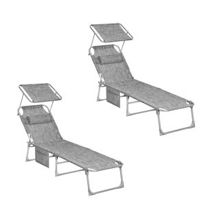 SONGMICS 2-er Set Sonnenliege, klappbarer Liegestuhl, mit Seitentasche, 53 x 193 x 29 cm, bis 150 kg, Kopfstütze, verstellbarer Rückenlehne Grau