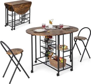 COSTWAY Bartisch Set 3-teilig, Klappbarer Esstisch auf Rollen, mit 2 Regalen, 4 herausziehbaren Körben, 2 klappbaren Hockern für Küche, Esszimmer, Essgruppe Küchenbar Sitzgruppe (Vintage)