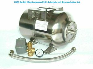 CHM GmbH® Druckkessel 50 l Edelstahl Membrankessel mit Druckschalterset 5 teilig und Panzerschlauch
