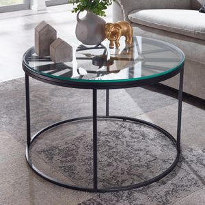 FineBuy konferenčný stolík sklenený kovový 60x60x43 cm konferenčný stolík s ozdobnými hodinami | Dizajnový obývačkový stôl okrúhly | Malý konferenčný