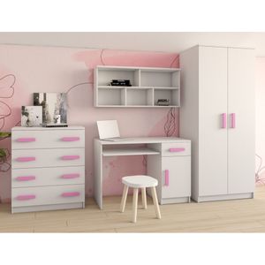 Kinderzimmer-Set Schrank Wandregal Kommode Schreibtisch rosane Griffe Jonas I 02 (Weiß/Weiß)