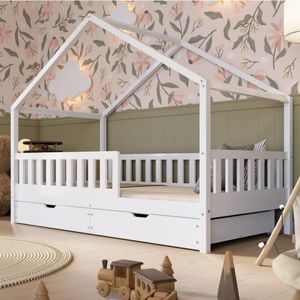 Crazy Pine Hausbett mit Schubladen 100x200 cm – Kinderbett aus Naturholz in Weiß – Bodenbett mit Stauraum und Abnehmbarer Barriere - Crazy House