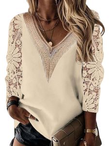Damen Blusen V-Ausschnitt Tee Pullover Atmungsaktiv Hohle Tunika Elegant T-Shirt Aprikose,Größe 2XL
