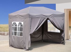 Pop-Up-Pavillon 2 x 3 m Smoky Grau mit 4 Easy-Klett Seitenwänden 2 mit Reißverschlüssen.