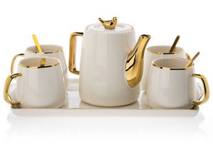 HowHomely Keramický kávový servis pre 4 osoby - čajová súprava 10 ks - bielo-zlatá