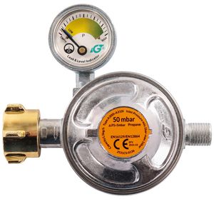 Gasdruckregler 50 mbar mit Manometer und Sicherheitsventil, Niederdruckregler Druckminderer - ideal für Gasgrills, Heizstrahler, Hockerkocher, Gaskocher, Lampen, uvm.