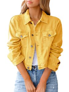 MORYDAL Damen Bomberjacken Langarm Outwear Party Strickjacke Cropped Trucker Denim Jackets, Farbe:Gelb, Größe:3xl