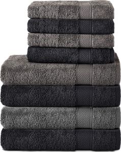 Komfortec 8er Handtuch Set aus 100% Baumwolle, 4 Badetücher 70x140 und 4 Handtücher 50x100 cm, Frottee, Weich, Groß, Anhtrazit Grau/Schwarz