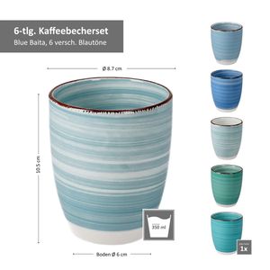 6er Kaffeebecher Set Blue Baita 350ml ohne Henkel Trinkbecher Tee Pott Blautöne