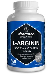 L-Arginin Plus hochdosiert + Piperin + Vitamine + Selen, 360 Kapseln