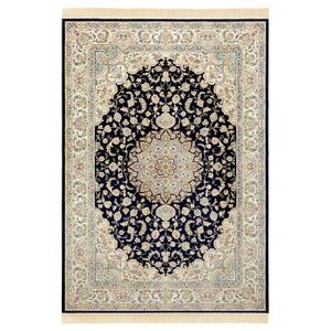 Orientalischer Samt-Teppich Fransen Antik Nain Dunkelblau Grün, Größe:135x195 cm