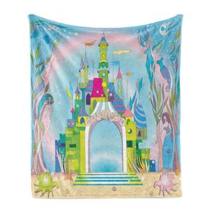 ABAKUHAUS Bunt Weich Flanell Fleece Decke, Regenbogen-tonte Schloss im Ozean mit Meerjungfrau und Fische Bunte Zusammensetzung, 175 x 230 cm, Mehrfarbig
