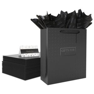 JiaWei Luxus Geschenktüte 6er set Papiertüte mit Henkel UV Kraftpapier Wasserfest Laminiert mit Seidenpapier Grußkarten und Geschenkanhänger Schwarz S