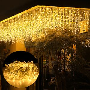 LZQ LED Lichterkette Außen und Innen 400 LEDs 10m Deko LED Regenkette IP44 Schutz, 8 Modi mit Stecker, Halloween Weihnachten Hochzeit Party, Eisregen Form, Warmweiß