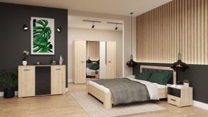 Schlafzimmer-Set Schrank Bett Kommode 2 Nachttische BARI San Remo Sand/Schwarz OHNE MATRATZE