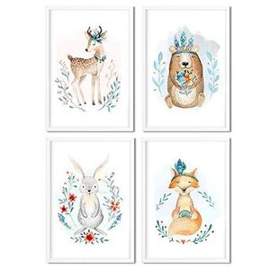 Golden Posters 4er Bilder Set Poster hochwertig süße Motive mit Tieren - Bilder Deko Kinderzimmer Mädchen und Junge - Bilderset Baby - Papier DIN A 4 300g/m2 Zebra, Bär, Hase, Fuchs (Bunt)