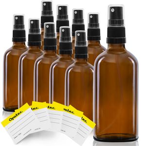 Oputec 10 x 100 ml Sprühflaschen aus Glas mit Zerstäuber + 10 Beschriftungs-Etiketten - Braunglasflaschen mit feinem Sprühkopf - Kleine Pumpspray-Flasche zum Befüllen
