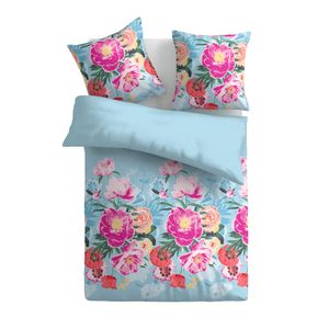 Bettwäsche 2-tlg. ( Frühjahrsblumen Blau ) 100% Satin Baumwolle, 135x200cm und 80x80cm Set, kuschelig weicher Bettbezug - mit Reißverschluss